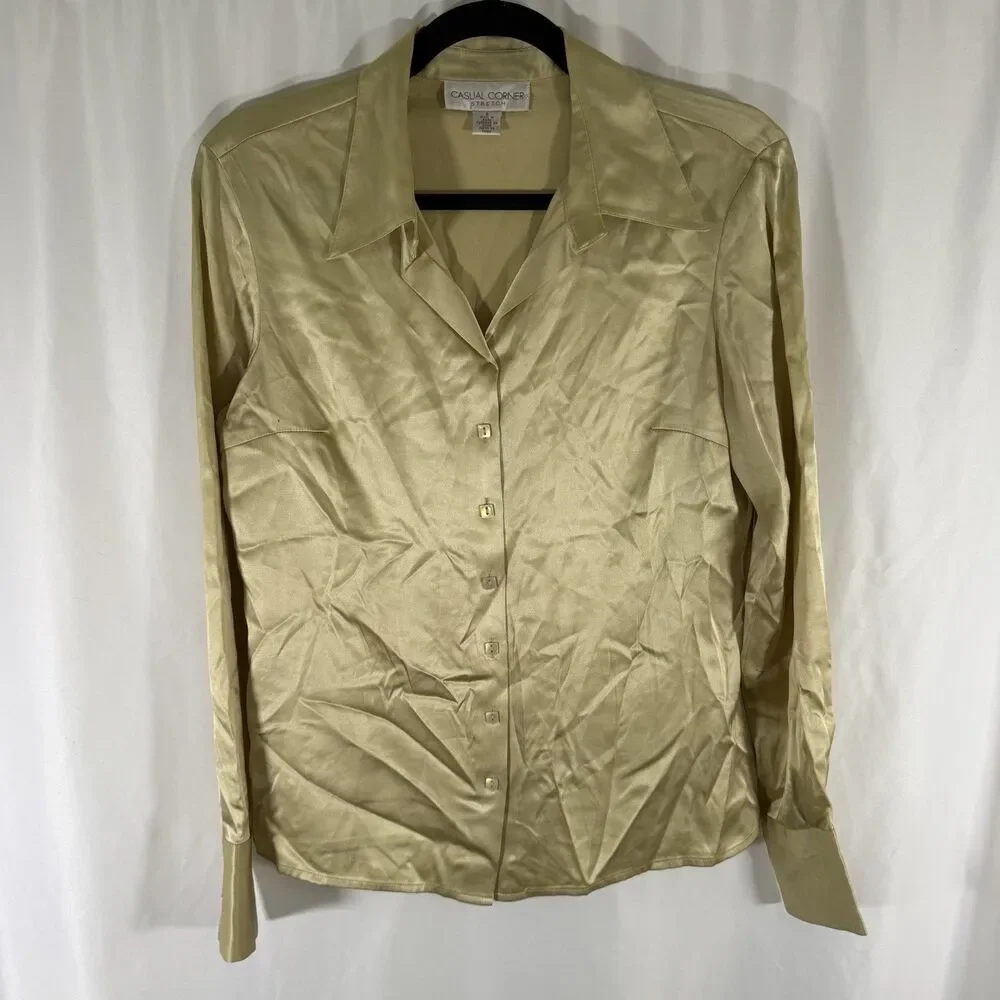 Casual Corner Stretch Silk Blend Blouse Women's 6 Green Button Up Long Sleeve